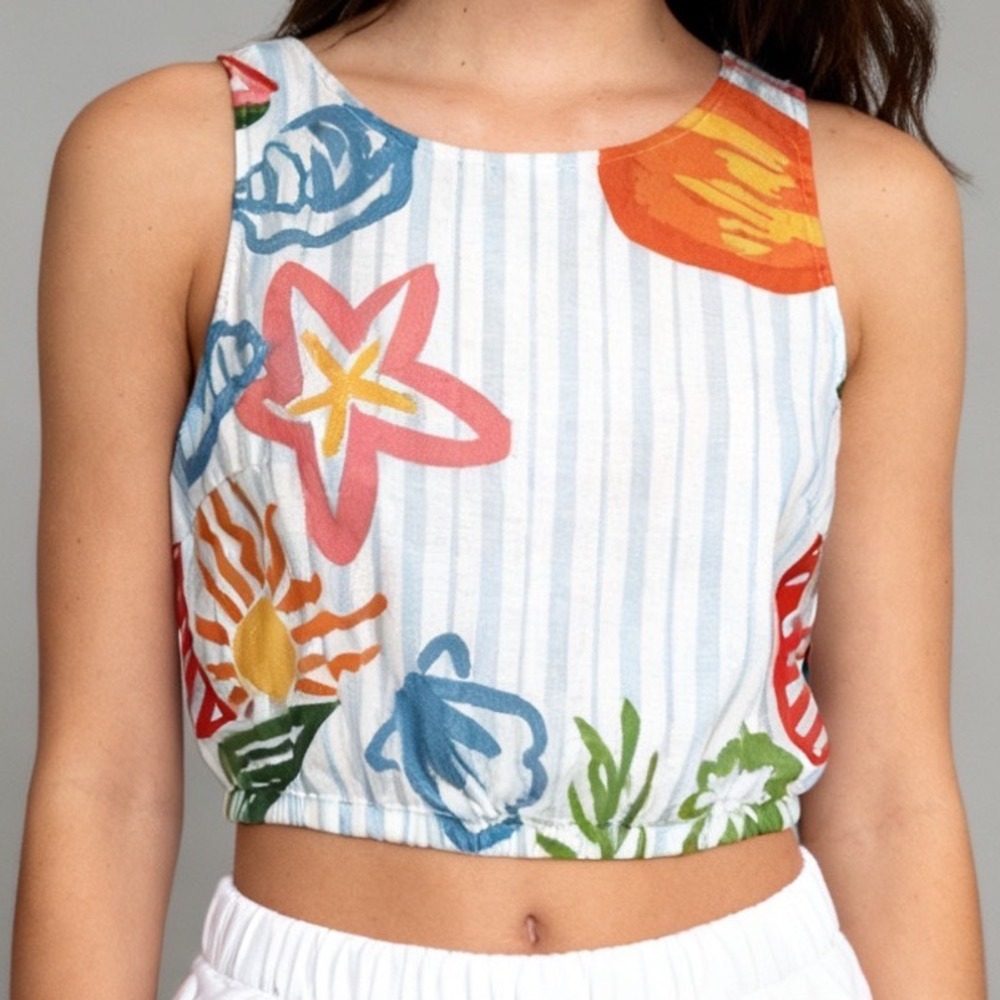 Calypso St. Barth Linen Blend Crop Tank Top‎ Resort Wear Fruit Ocean size Medium